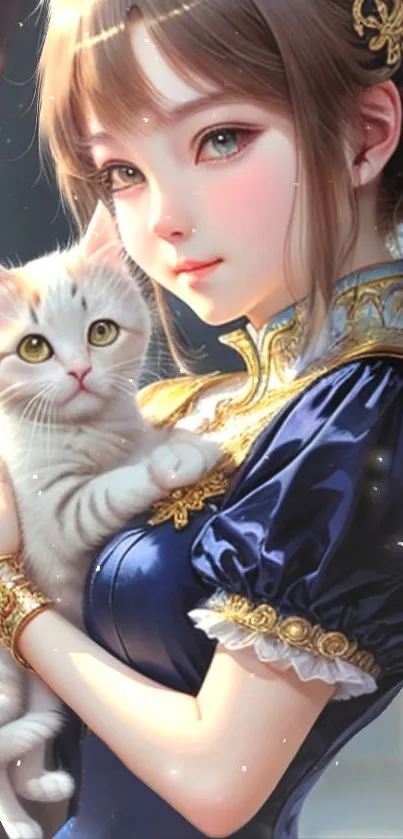 Elegant girl in blue dress holding a white kitten, artistic wallpaper.