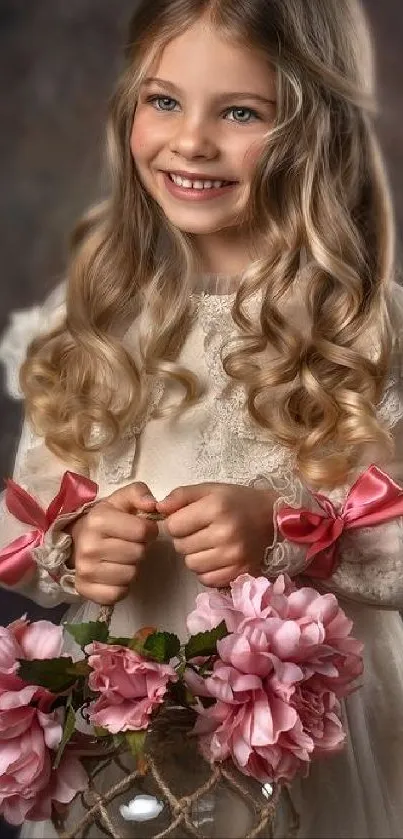 Smiling girl holds basket of pink roses in elegant vintage dress.