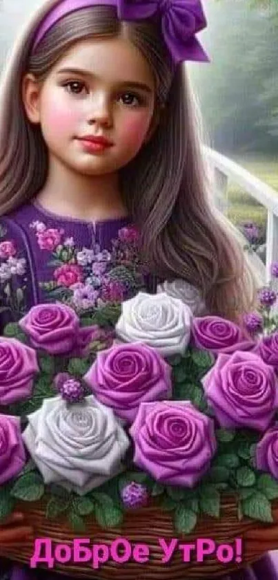 Girl holding a bouquet of purple and white roses in a serene setting.