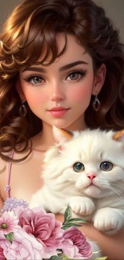 Charming girl holding a white cat with floral accents.