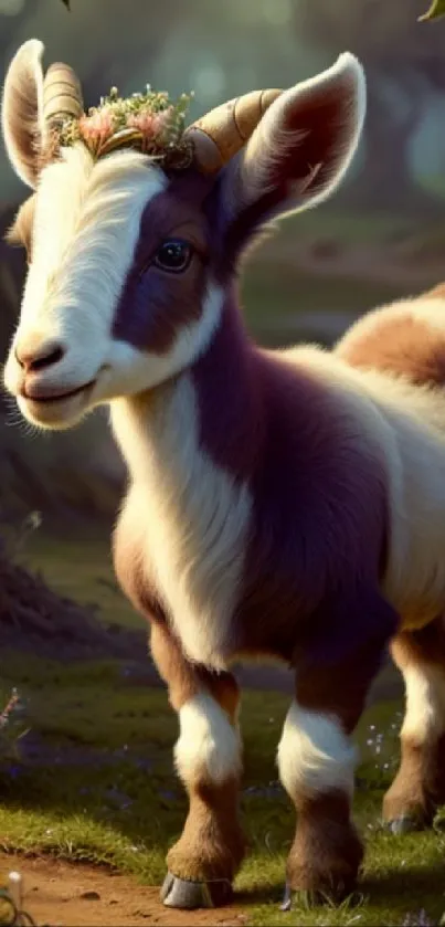 A cute goat with a floral crown standing in a lush, enchanted forest.