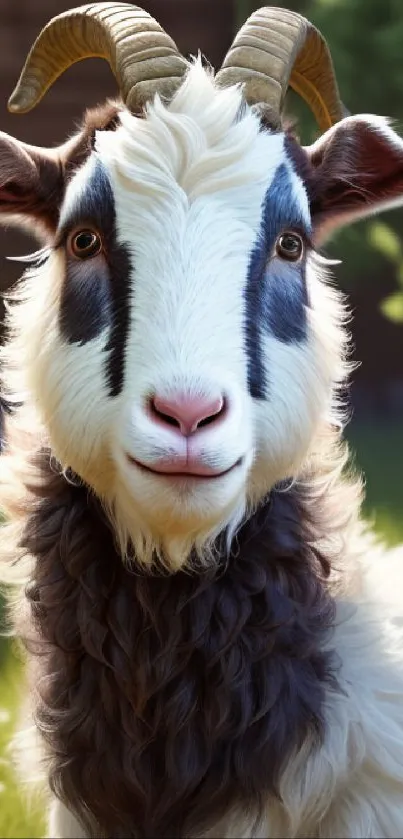 Charming goat with horns in sunlight, green background.