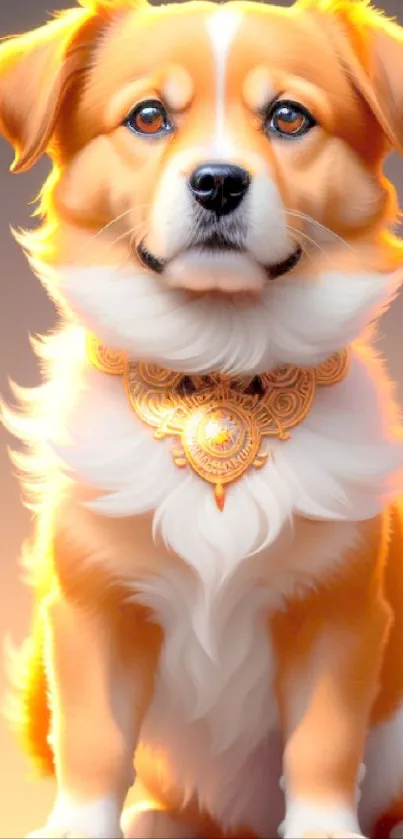 Charming golden dog with decorative necklace on warm background.