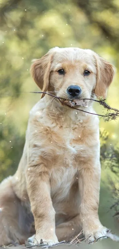 Golden retriever puppy in a natural forest setting with a stick in its mouth.