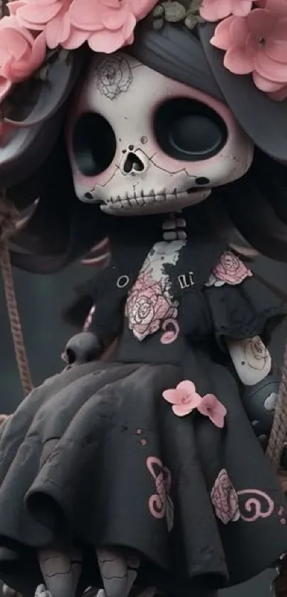 Gothic doll with floral crown and dark dress on a swing.
