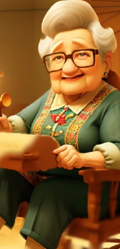 Animated grandmother in a cozy setting with a vintage charm.