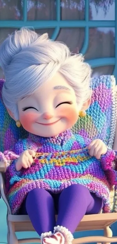 Adorable cartoon grandma knitting in a colorful sweater on a rocking chair.