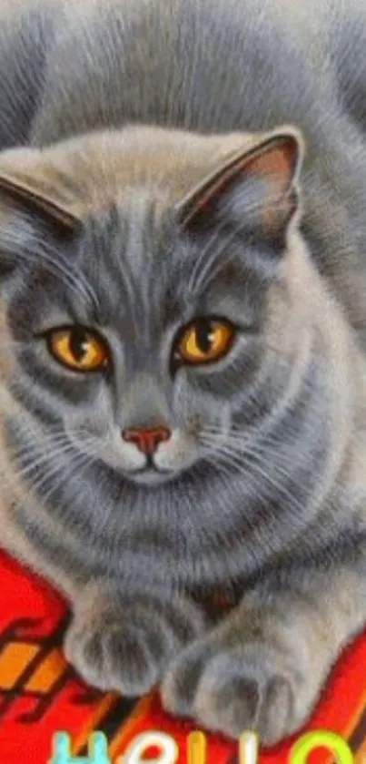 Gray cat with amber eyes on a colorful background.