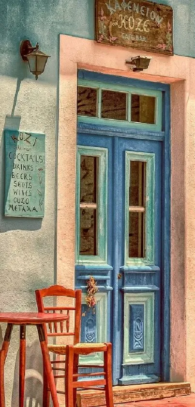 Greek café exterior with blue rustic door and charming decor.