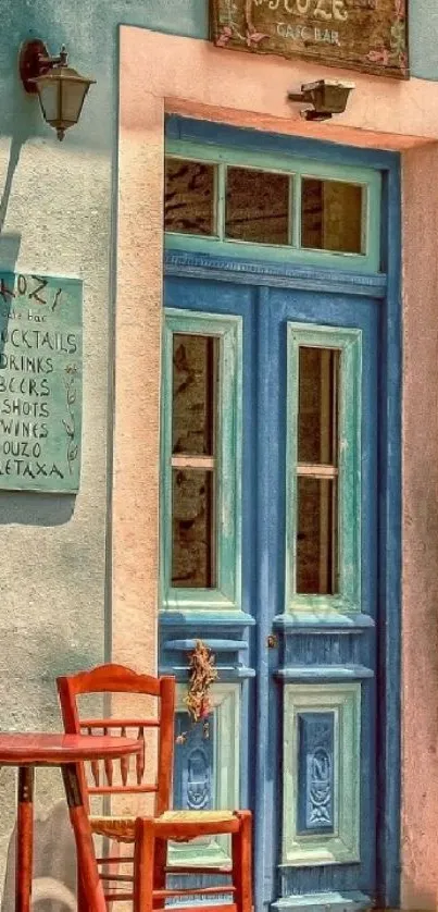 Charming Greek cafe doorway with blue tones and rustic details.