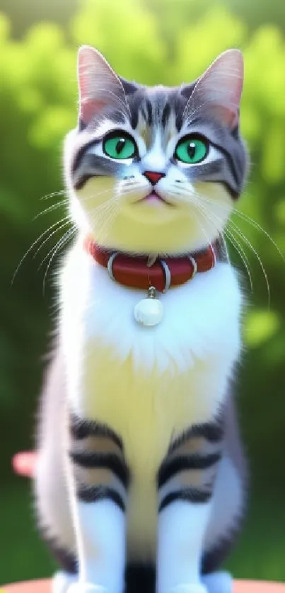 A green-eyed cat sitting in a garden, surrounded by soft colors and nature.