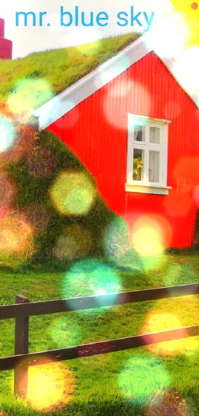 Red farmhouse surrounded by lush green fields under a bright sunny sky.