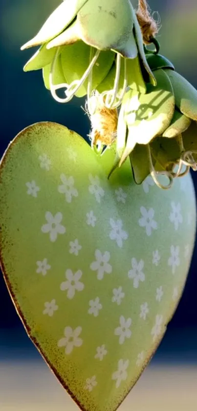 Green heart with white flowers hanging outdoors.