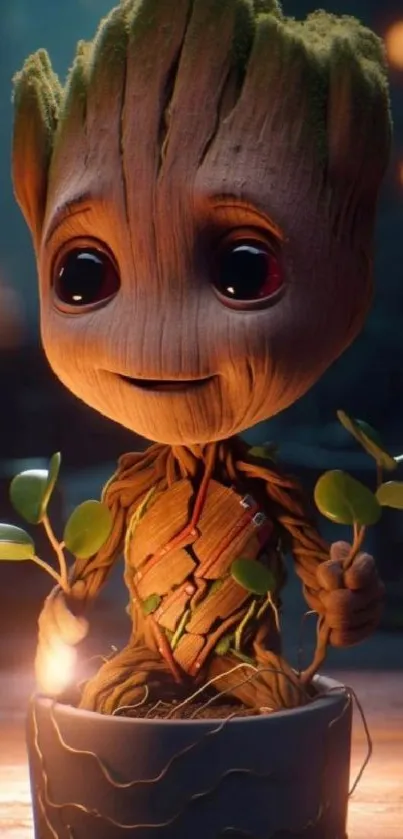 Cute Groot surrounded by vibrant plants, glowing softly.