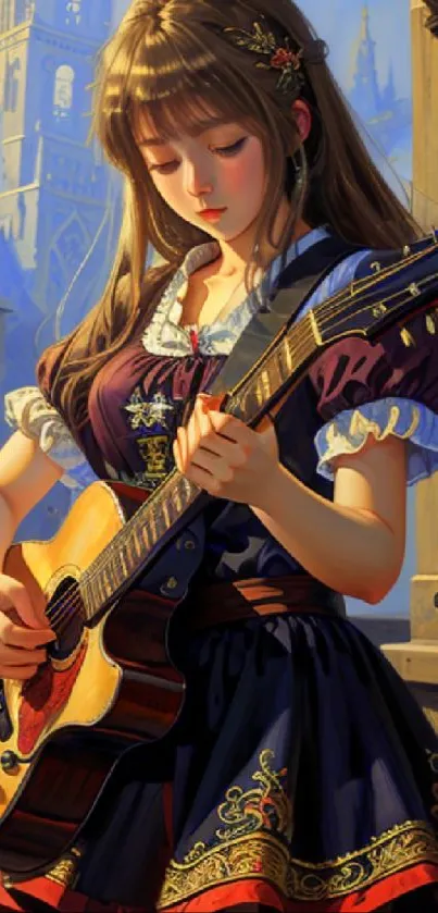 Anime girl playing guitar in gothic fantasy setting.