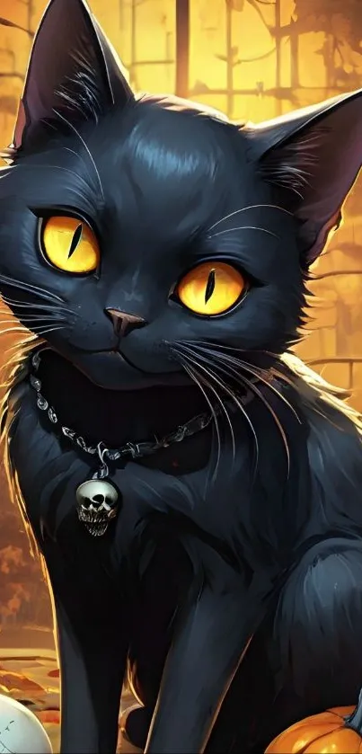 Black cat with glowing eyes in Halloween-themed digital art.