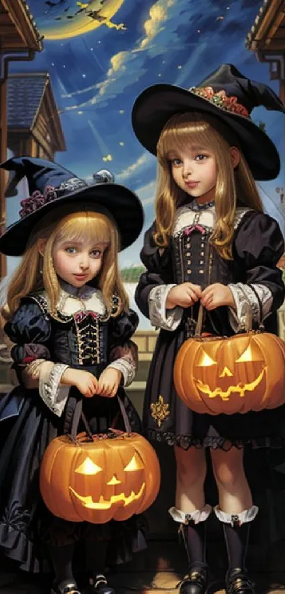 Two girls in Halloween costumes holding pumpkins under a moonlit sky.