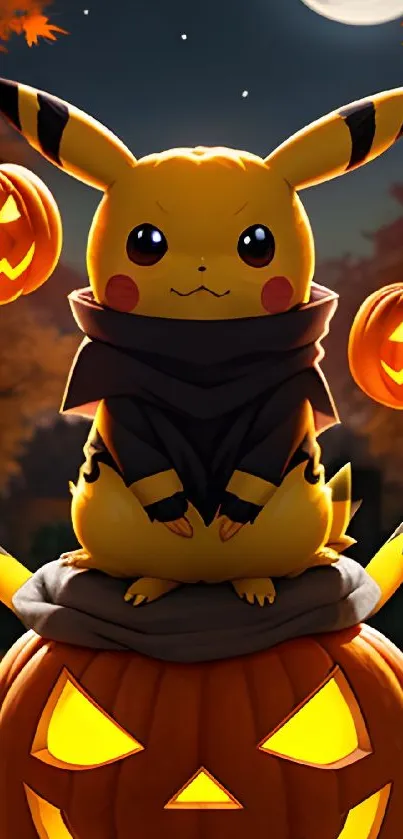 Pikachu in Halloween costume on pumpkin under moonlit sky.