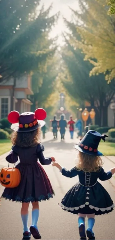 Children in Halloween costumes walking along a sunlit path.