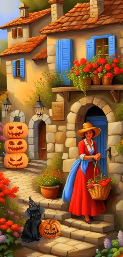 Charming village scene with pumpkins and a black cat, perfect for Halloween.