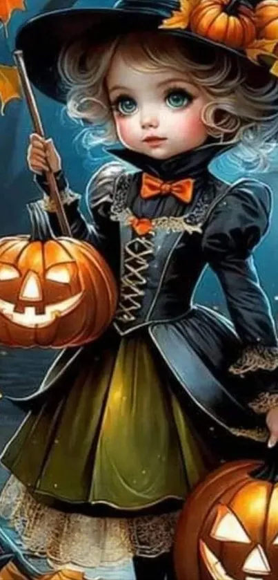 Charming cartoon witch with pumpkins in Halloween setting.