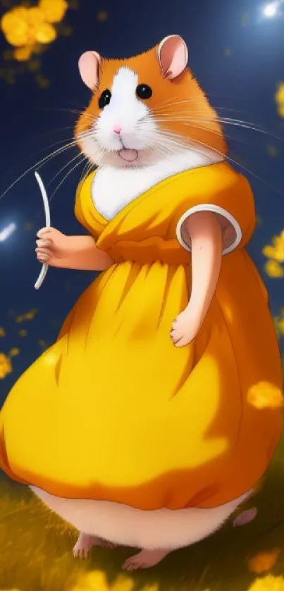 Hamster in yellow dress with flowers and glowing light. Fantasy art.