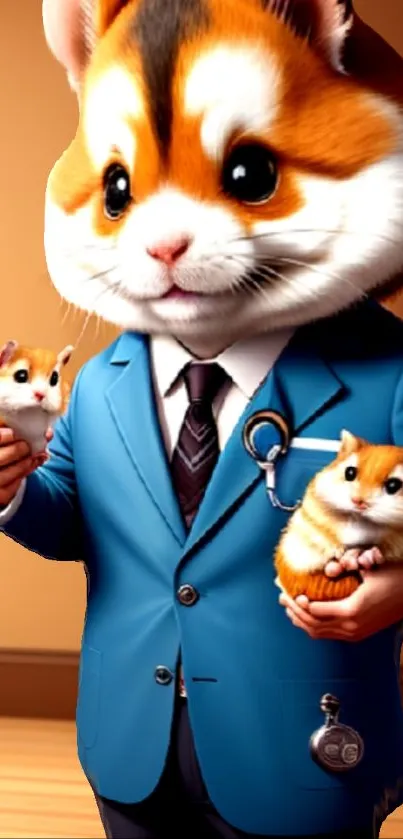 Hamster wearing a suit holding two tiny hamsters.