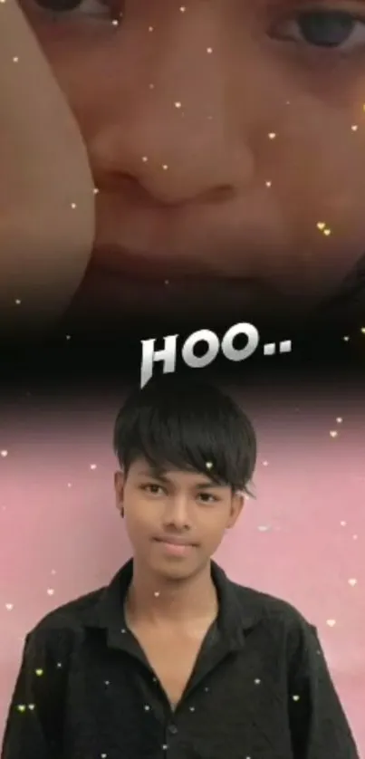 Young individual with heart effects on pink background.