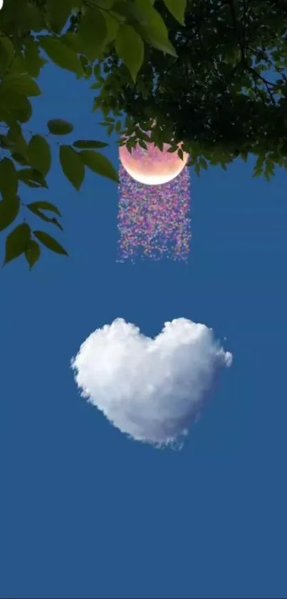 Mobile wallpaper with a heart-shaped cloud, colorful moon, and leafy canopy.