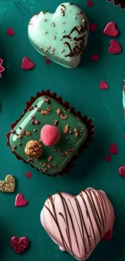 Heart-shaped pastries on teal background with sprinkles.