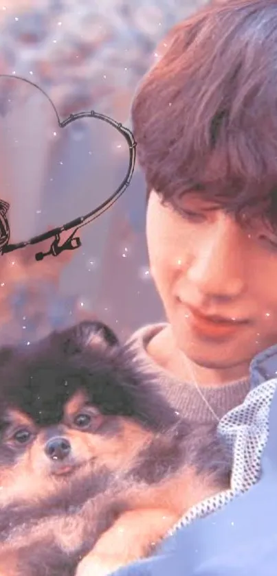 Charming mobile wallpaper with heart design and cozy pet scene.