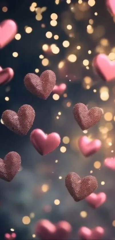 Floating hearts with sparkling bokeh lights.