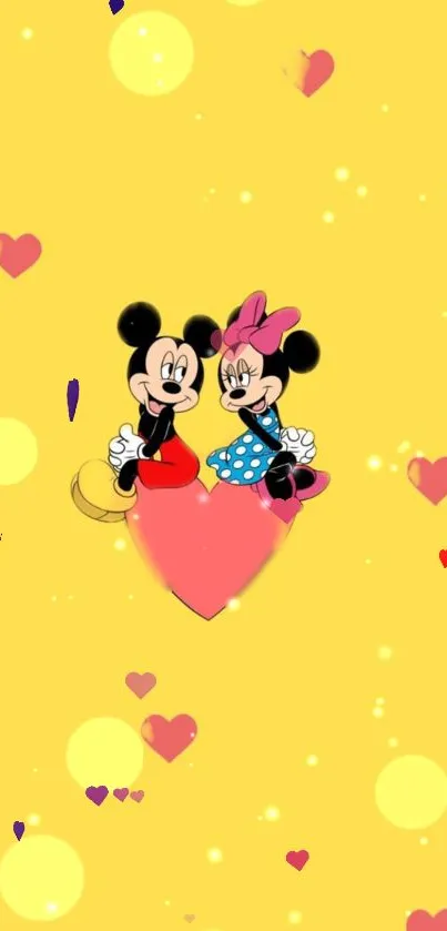 Cartoon characters on yellow wallpaper with hearts.