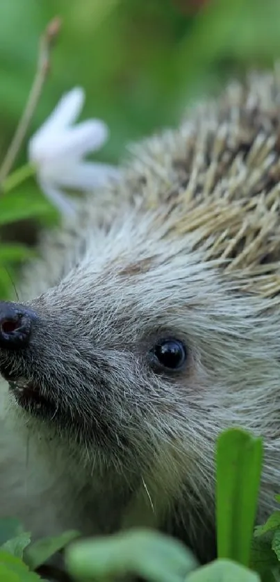 Close-up of a hedgehog surrounded by green leaves in nature.