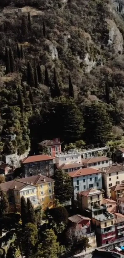 Aerial view of a colorful hillside village with lush green trees and rustic houses.