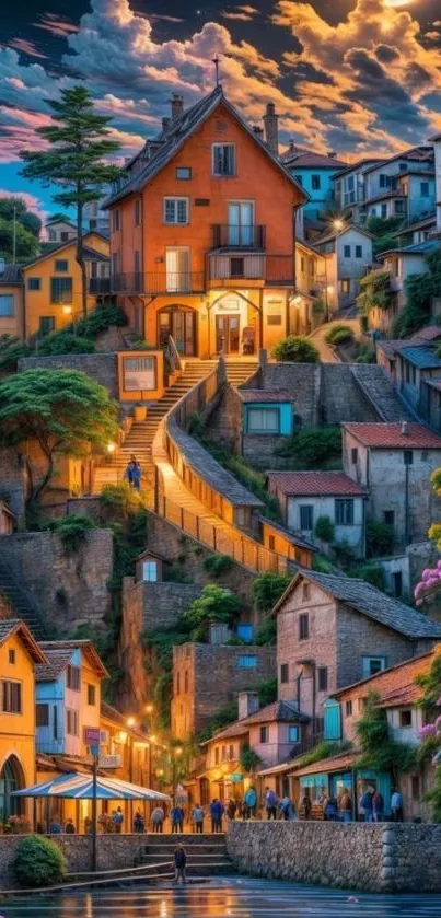 Colorful hilltop village under dramatic skies.