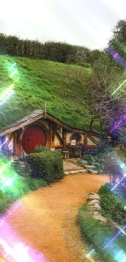 Charming hobbit house nestled in lush greenery with a winding path.