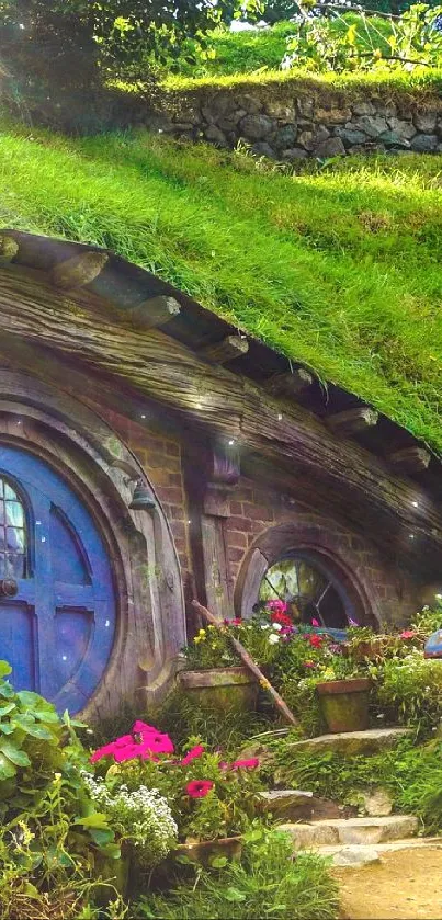 Charming hobbit house in lush green landscape with colorful flowers.