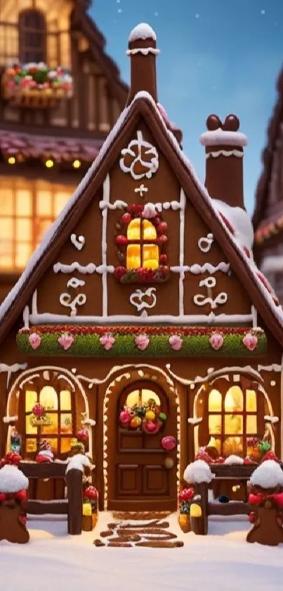 Charming gingerbread house in a snowy, festive village setting.