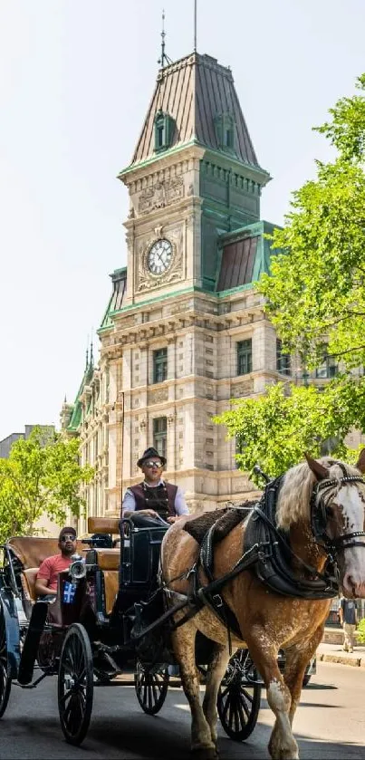 Horse-drawn carriage passing a historic building with clock tower.