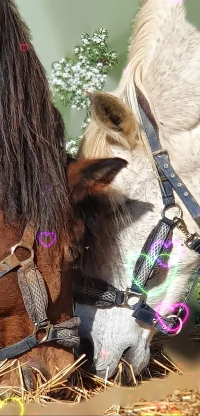 Two horses grazing in a heart-themed meadow.