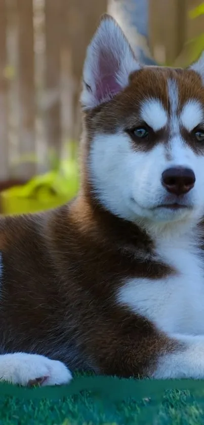 Brown and white Husky puppy lounging on green grass.