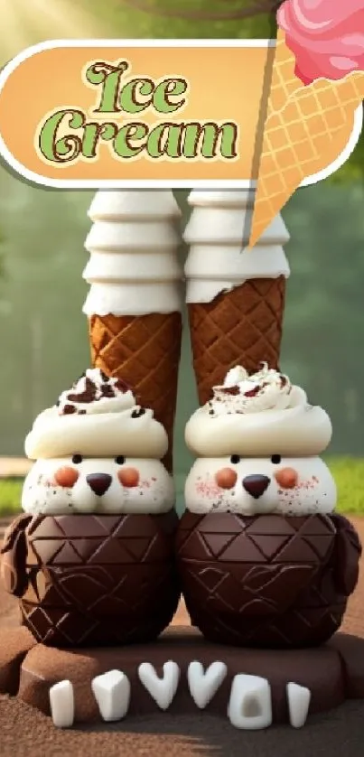 Whimsical ice cream cones in a sunny park setting.