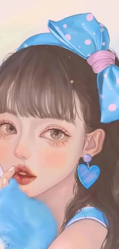 Illustrated girl in pastel shades with a sky blue bow and heart earrings.