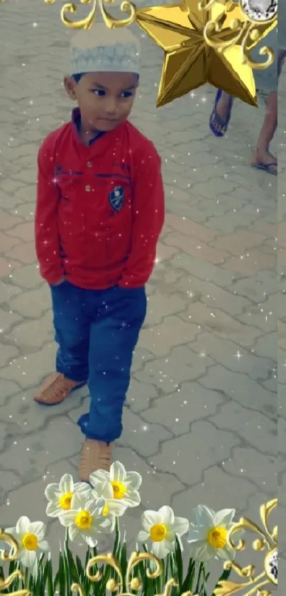 Young boy in festive red outfit with golden stars and flowers.