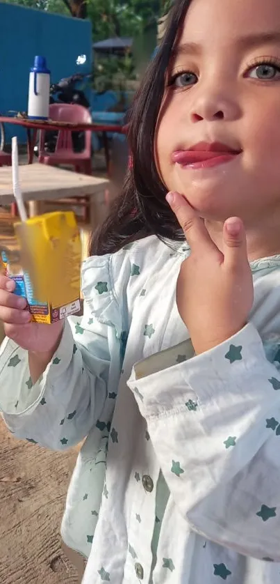 Cute child in blue shirt enjoying juice outdoors.