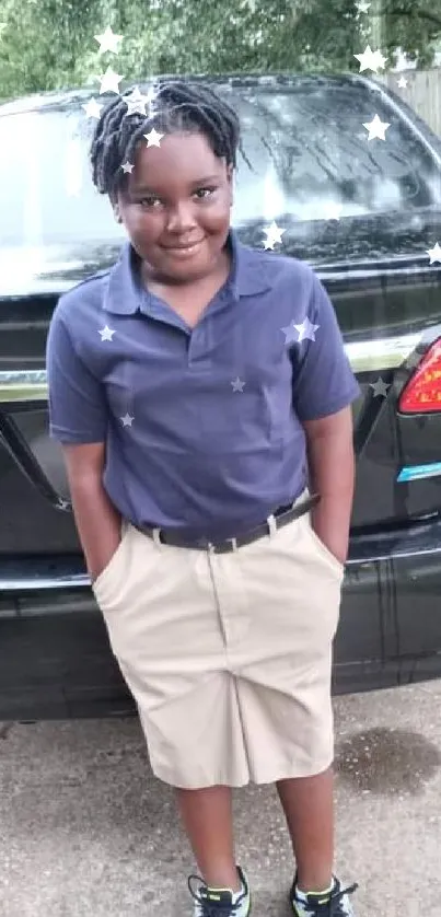 Charming child posing in front of black car with star effects.