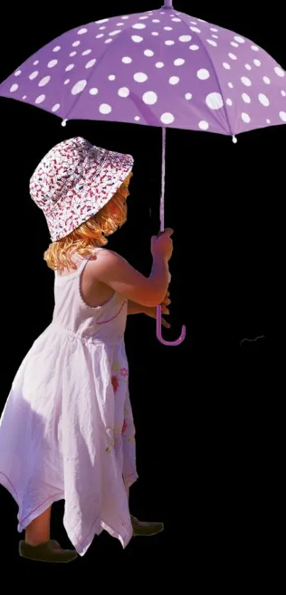 Little girl holding a polka-dot purple umbrella on black backdrop.