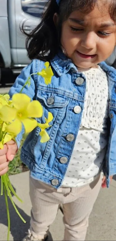 Child in denim jacket with yellow flowers.