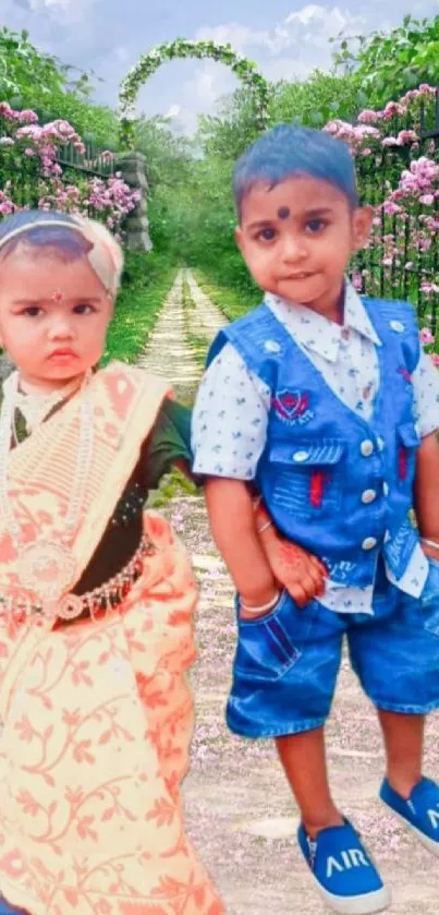 Children in traditional clothes in a beautiful flower garden.